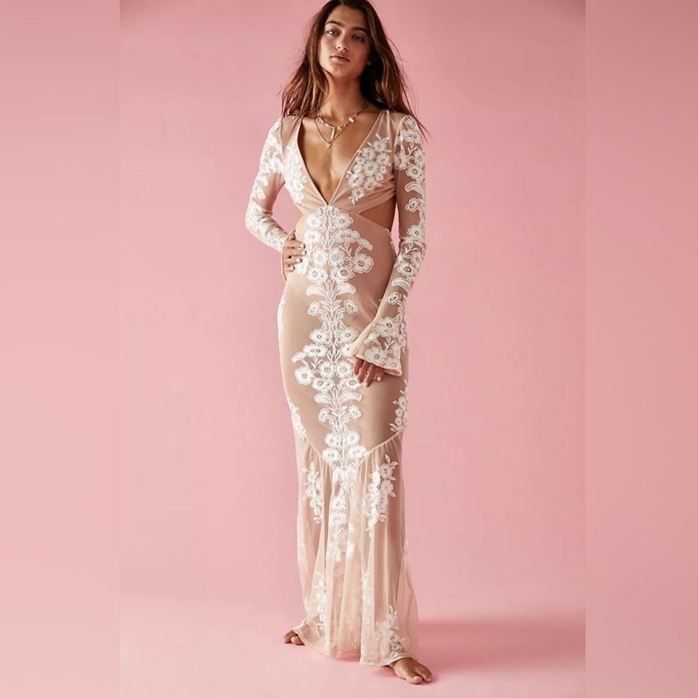 For Love & Lemons Blush Nude Lace Appliqué Maxi Dress